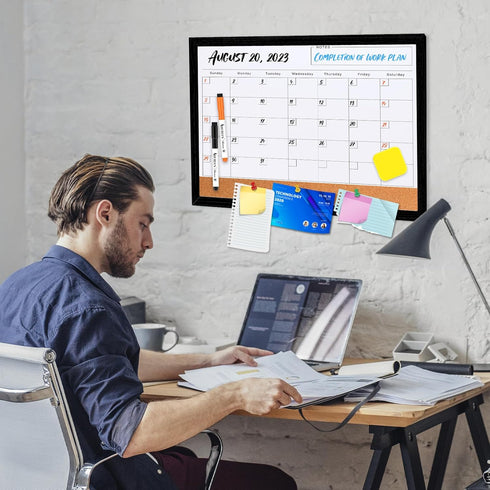 Monthly Calendar Dry Erase Board for Wall, 17"x13" Whiteboard with Black Wood Frame, 2in1 Cork Board Combo
