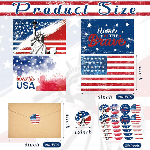 Seajan 200 Set Patriotic Cards, Blank Greeting Card with Envelopes, 4th of July American Flag Note Card