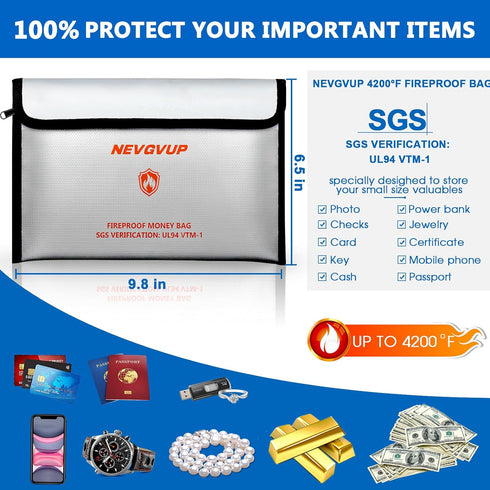NEVGVUP 4200F 9.8 6.5 Set Fireproof Money Bag for Cash -Heat Insulated, x Fireproof Document Bag with Waterproof