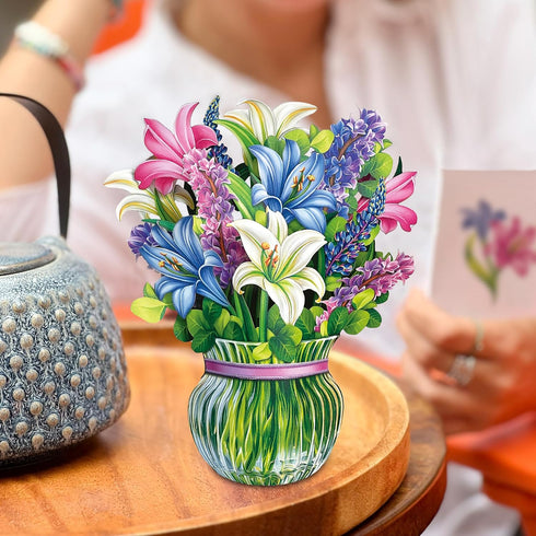 6 Inch 3D Freshcut Paper Pop Up Cards, Mini Lilies & Lupines, Mini Sized Forever Flower Bouquet Popup Greeting Cards