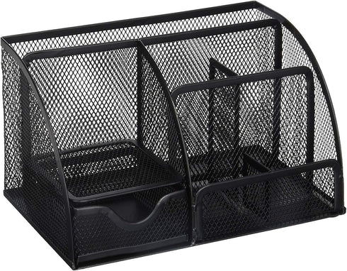Greenco Mesh Desk Organizer, Small Black Caddy with 6 Compartments for Office & Dorm Room Supplies Storage