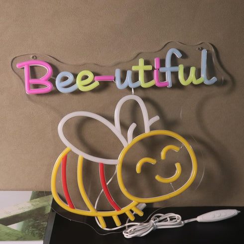 Dimmable "Bee-utiful" Happy Bumblebee Neon Light - Cute & Punny LED Wall Art for Kitchen, Bedroom, Nursery Decor, USB