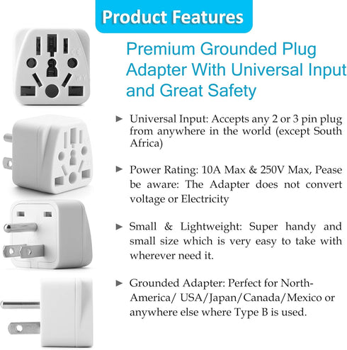 US Travel Plug Adapter, Unidapt EU/UK/AU/CN/JP/Asia/Italy/Brazil to USA Type B, Grounded Wall Plug Converter