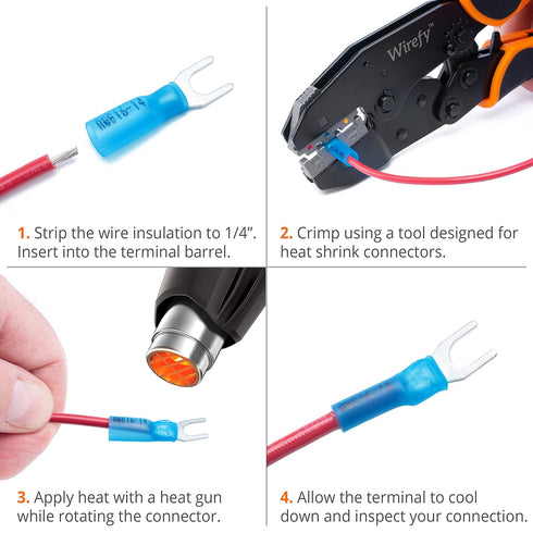 Wirefy 130 PCS Marine Grade Heat Shrink Fork Connectors #10, Blue 16-14 Gauge Universal Wire Connectors