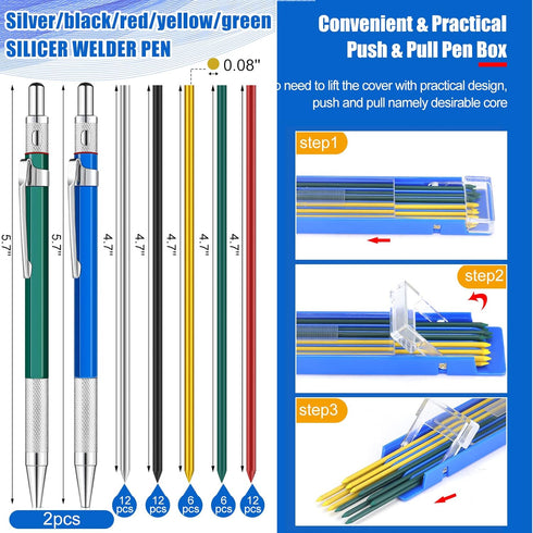 2 Pcs Welders Pencil with 48 PCS Round Refills Mechanical Pencils Metal Welding Marker for Tube Pipe Fitter Welder Steel Construction Woodworking (Silver, Black, Red, Yellow, Green) by Gersoniel