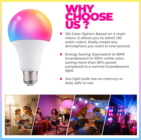 Dimmable E26 Warm LED Light Bulb, 6W RGBW Color 500LM, 16 Color Changing Modes, Remote Control, 2 Pack