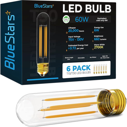 BlueStars 6-Pack T10 Tubular LED Light Bulbs T30 E26 Medium Base, 6W