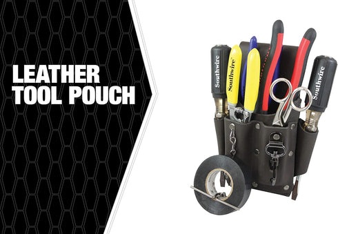 Southwire POUCH4 Leather Tool Pouch; 5 Pocket Pouch with Electrical Tape Chain; Fade Resistant; Durable Compartments; Washer Rivets; Includes Metal Tool Clip; Dark Brown by Southwire