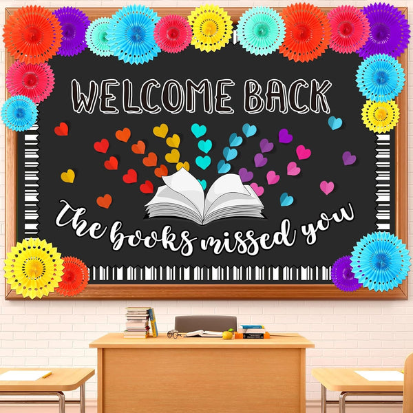 Qilery 83 Pcs Welcome Back Bulletin Board Set, Colorful Heart Cutout, Back to School Classroom Decoration for Home