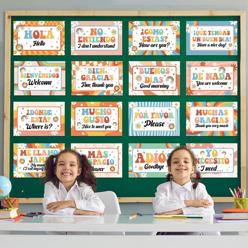gisgfim 16 Pcs Spanish Words and Phrases Poster Set, Bulletin Board Decor for Spanish Classroom
