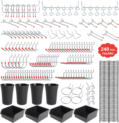 240PCS Pegboard Hooks Assortment Organizer Kit with Pegboard Bins and Cups for Garage Wall Organization