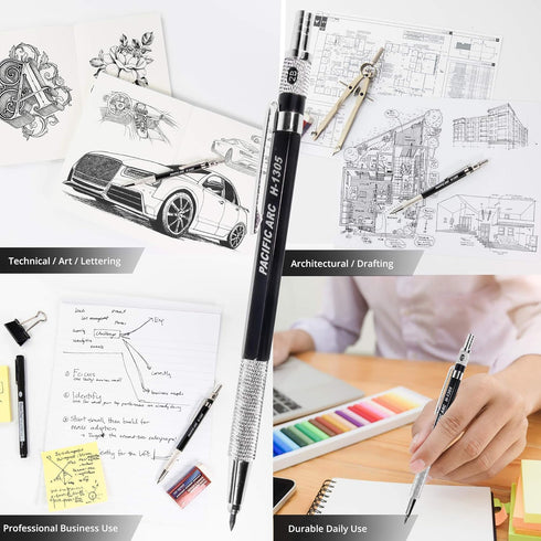 Pacific Arc Black Drafting Pencil, 2mm Lead Holder and Lead Sharpener for Artist Drawing, Drafting, Sketching