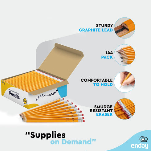 Enday #2 Pencils Bulk, 144 Pack, Pre-Sharpened Wood-Cased Pencils with Latex-Free Eraser Top