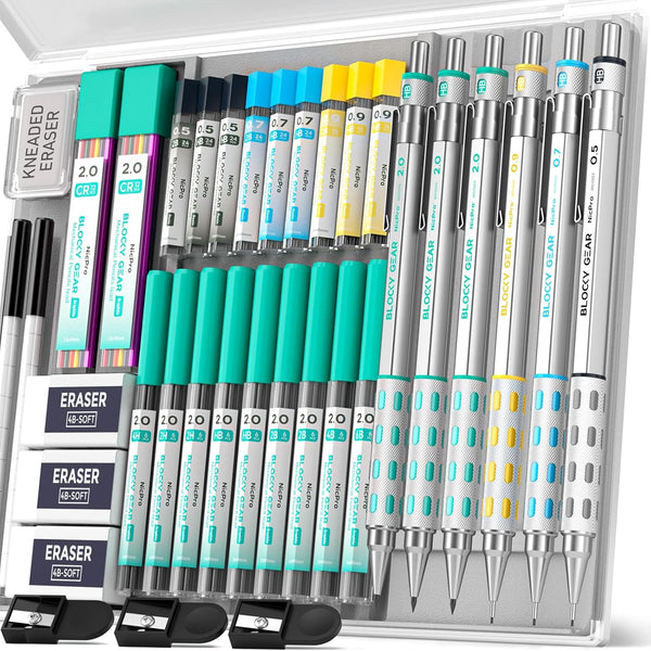 Nicpro Blocky Gear Art Mechanical Pencil Set with Case, 36PCS Metal Pencils 0.5, 0.7, 0.9mm & 2mm Lead Holder