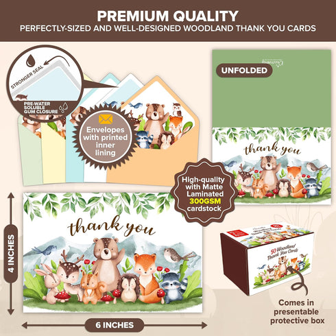 50 Pack 6x4in 10 Decorably Woodland Thank You Cards with Envelopes and Stickers, Folded Adorable Designs for Boys