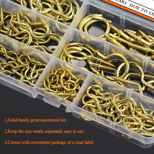 120 Pieces Cup Screw Hooks, Gold Color, Self-Tapping Screws Hooks Kit in 7 Sizes (1/2" to 1-1/2")
