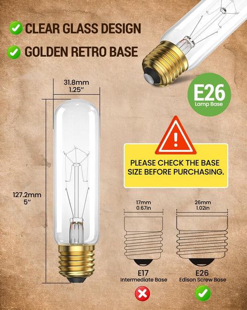 120V 40 Bulbs Dimmable,T10 (E26) 2500K,40W Bulbs Sconces,4 Pack Watt Light Clear Tubular,Medium Base,Warm White