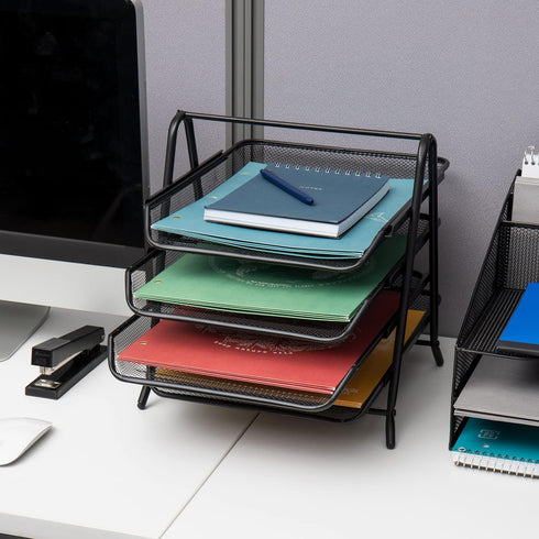 Mind Reader 4-Tier Paper Tray, Desktop Organizer, Metal Mesh, 12"L x 13.75"W x 12.5"H, Black