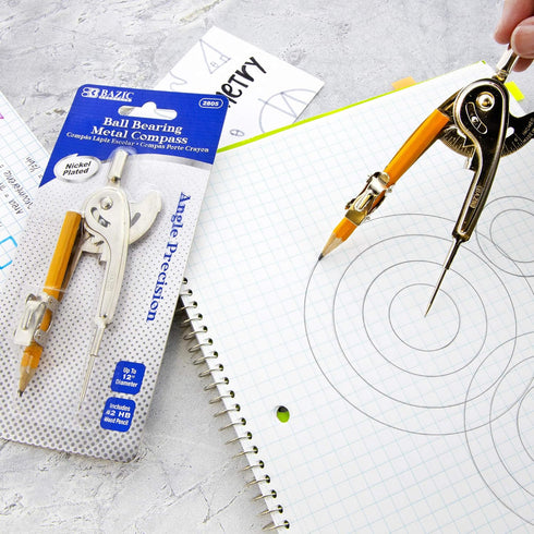 Set Inch 1-Pack BAZIC Products Geometry Math Compass w/Scale-Arm, Nickel Plated Metal Ball & HB Wood Pencil