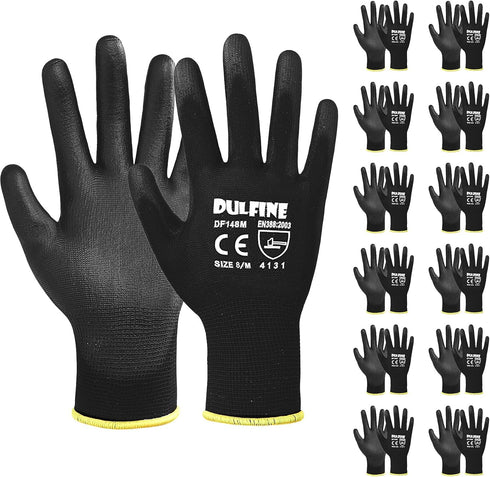 DULFINE Ultra-Thin PU Coated Work Gloves, 12 Pairs, Excellent Grip, Black Polyurethane Coated Safety Gloves (Medium)