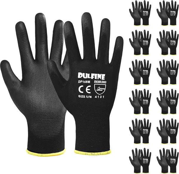 DULFINE Ultra-Thin PU Coated Work Gloves, 12 Pairs, Excellent Grip, Black Polyurethane Coated Safety Gloves (Medium)