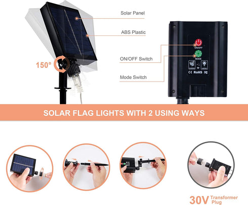 420 8 4th DANLI Solar Powered American Flag Light, Waterproof LED String Lights with Remote, US Flag with Plug, Modes