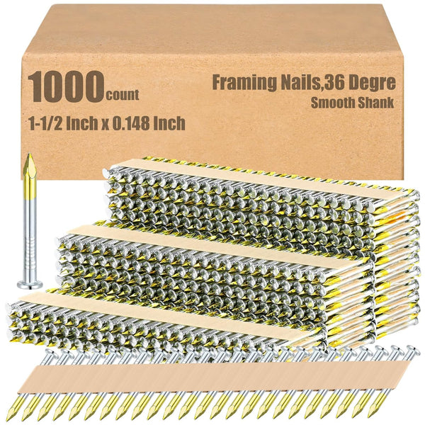 Hicarer 1000 Count Framing Nails, 1-1/2 x 0.148 Inch 36 Degree Galvanized Round Head Nails for Woodworking