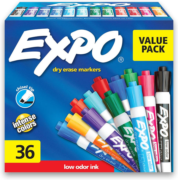EXPO Low Odor Dry Erase Markers, Chisel Tip, Assorted Fashion Colors, 36 Count for Classroom, Office, Home