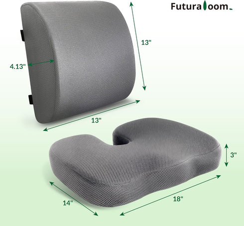 FuturaLoom Set, Tailbone Seat Cushion & Adjustable Lumbar Support Pillow Charcoal Memory Foam Back & Pain Relief