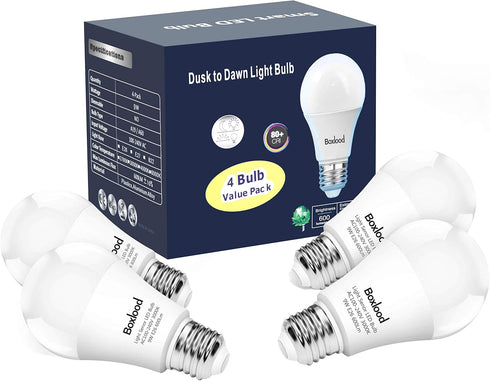 Dusk to Dawn Light Bulbs, 9W E26 Base, 60W Equivalent, Automatic On/Off, 3000K Warm White, 4 Pack