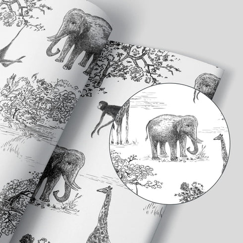 Peel and Stick Wallpaper for Kids Room, Giraffe and Elephant Black/White Vintage Contact Paper, 17.7 x 118.1