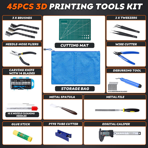 45 3D 3D Set, 3D YEETIN Pieces Printer Tools Kit, Printing Accessory Includes Deburring Tool, Digital Caliper, Art