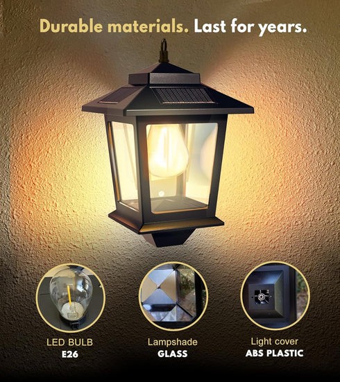 2 Pack Bulb,Outdoor 4 Hooks,3000K PASAMIC Solar Wall Lanterns with Replaceable Hanging Lights with Solar Panels,Dusk