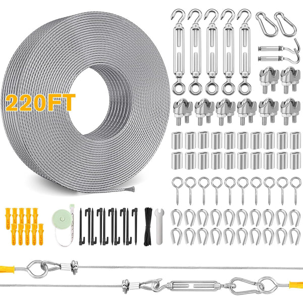 220FT 1/16" Wire Rope Kit - String Light Hanging Kit Vinyl Coated