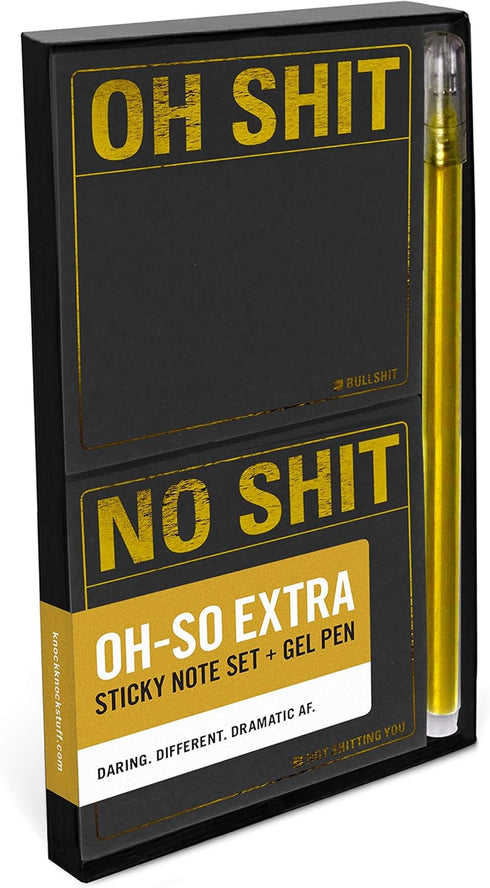 Knock Knock Oh Shit/No Shit Sticky Note Set, 2-Count Black Paper Pads with Metallic Gel Pen