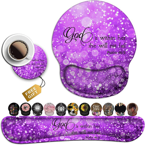 Mouse Pad with Wrist Support, Ergonomic Gel Memory Foam Keyboard Rest, Beautiful Purple Glitter for Office Decoration