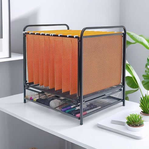 SETTFRFE Hanging File Folder Organizer with Drawer, Mesh File Bins for Hanging Files, Letter Size, Black