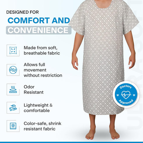 GERVRA Reusable Hospital Gown - Patient Gowns with Tie Back, Unisex Medical Gowns for Hospital, Clinic, Recovery & Home