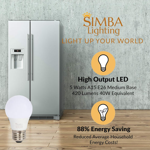 Simba Lighting LED A15 Refrigerator Light Bulbs (2-Pack) 5W 40W Replacement Waterproof Small for Appliances, Freezers, 120V, E26 Standard Medium Base, Frosted Cover, Not Dimmable, 5000K Daylight by Simba Lighting