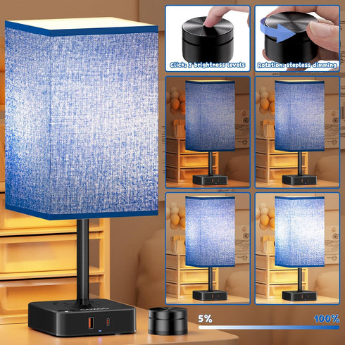 Bedside Lamp & Desk Lamp with Remote, Touch Control, USB-C/A Ports + Outlets | Blue Fabric Shade Nightstand Table Lamp