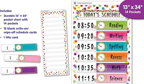 Teacher Created Resources Confetti 14 Pocket Daily Schedule Pocket Chart, 13" x 34"