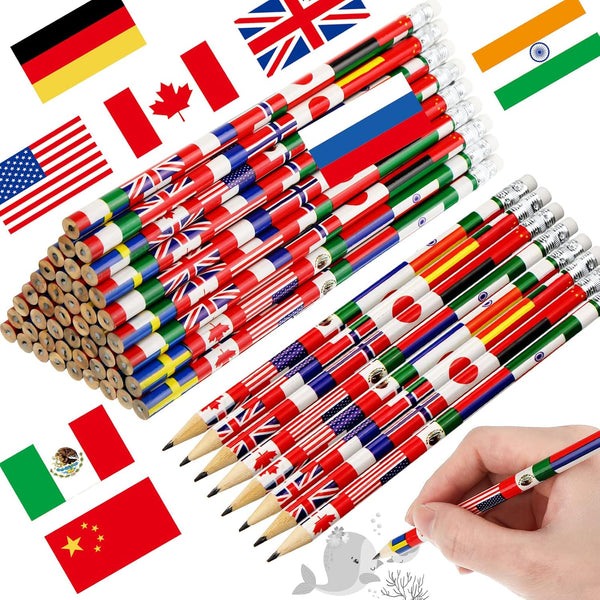International Flags World Pencils: American, British, France, China, India with Erasers - 60 Pcs for School Supplies