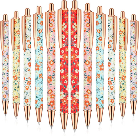 Glenmal Floral Pens, Flower Ballpoint Pens, Fancy Pretty Metal Retractable Black Ink Pens, 12 Pcs