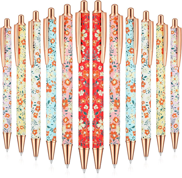 Glenmal Floral Pens, Flower Ballpoint Pens, Fancy Pretty Metal Retractable Black Ink Pens, 12 Pcs