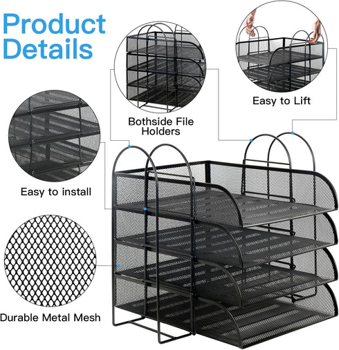 Stackable 4 Tier Paper Letter Tray Organizer, Mesh Desk Organizer with File Holder for Office Supplies, Black
