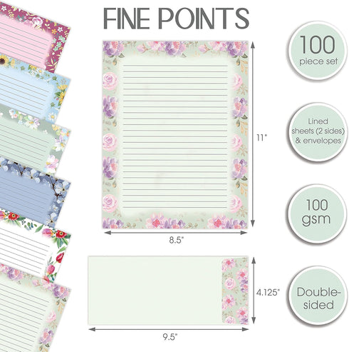 Better Office Products Floral Paper Stationery Set, 100 Piece Set (50 Lined Sheets + 50 Envelopes), 8.5 x 11 inch