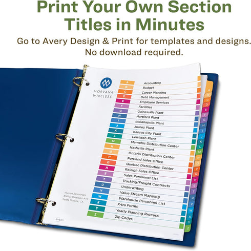 Avery EcoFriendly Recycled Dividers for 3 Ring Binders, A-Z Multicolor, 26 Tabs, 1 Set (11085)