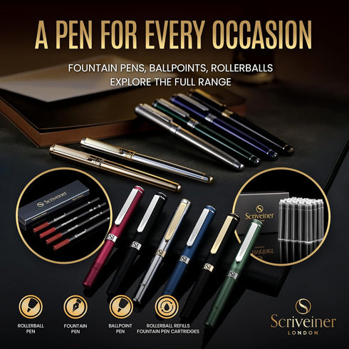 Scriveiner Silver Chrome Fountain Pen - Stunning Luxury Pen with Real Gold Finish, Schmidt Gilded Nib (Fine), Best Gift
