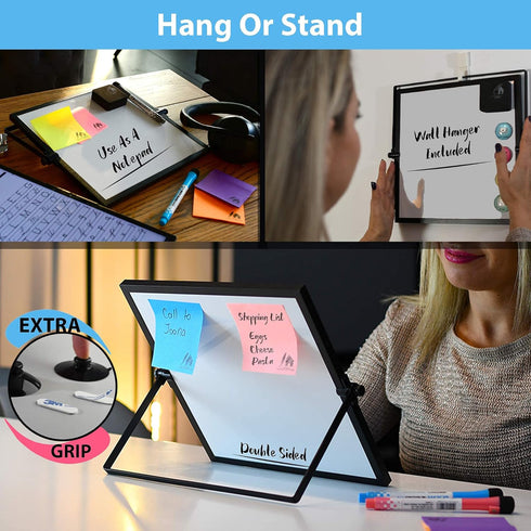 Small Dry Erase White Board 10"X10", Desktop Black Frame with Stand, 3 Markers