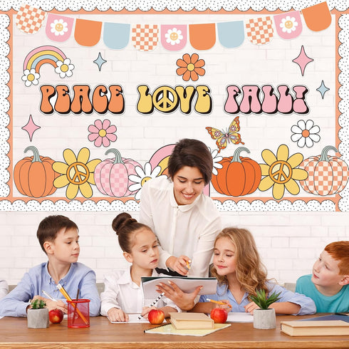 Groovy Fall Pumpkin Bulletin Board Set, Autumn Thanksgiving Decorations, Peace Love Paper Cutouts for Classroom Decor